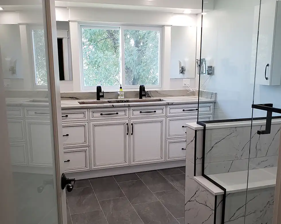 bathroom renovation with marble tile